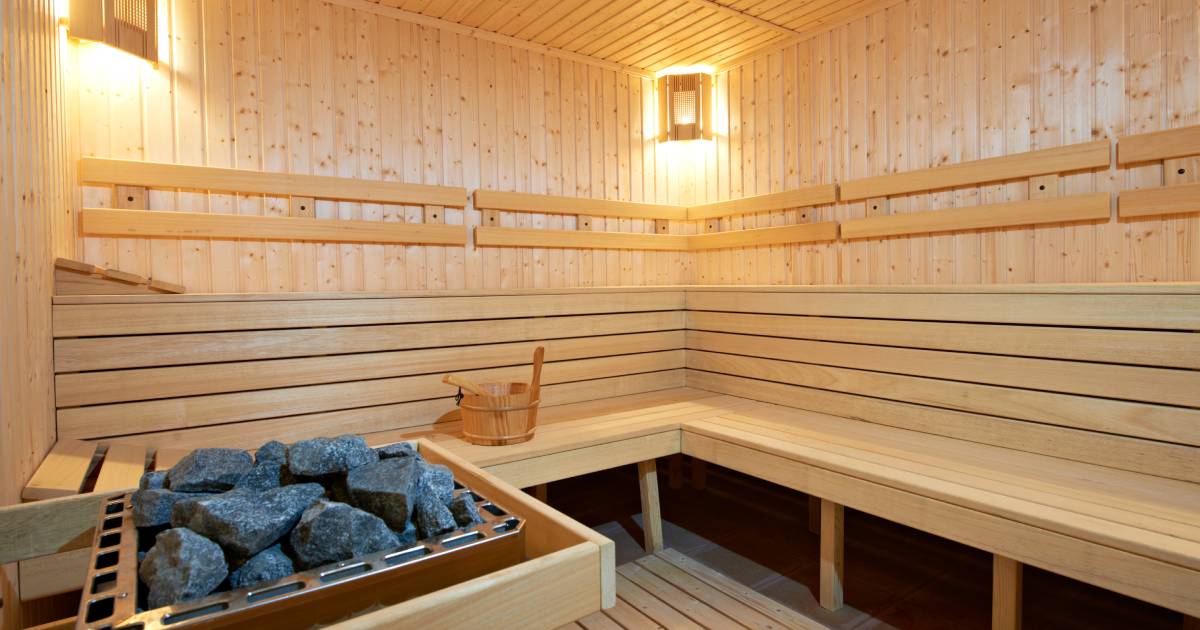 Wooden sauna with two long benches on different levels, bright lights, a water bucket, and a pile of heating rocks.